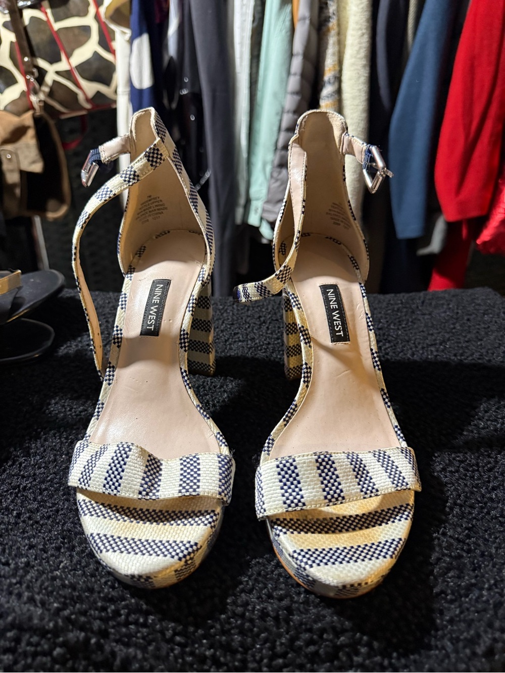 Nine West Navy and Cream Striped Ankle-Strap Block Heels